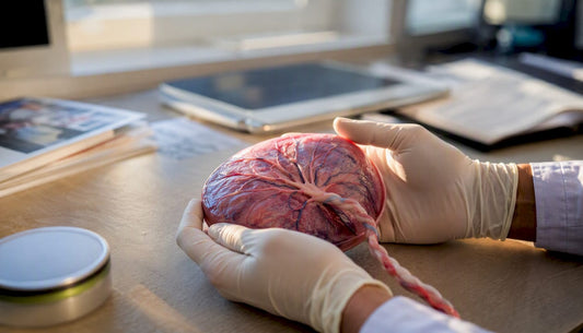 Gloved hands holding fetal placenta model near pouch