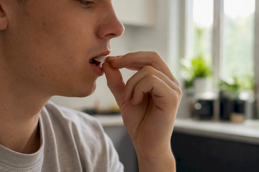 Close-up of placing nicotine pouch inside lip