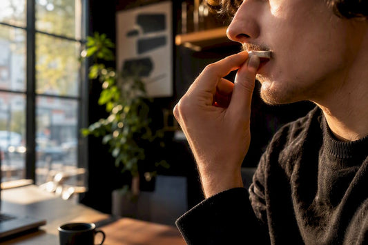 Person placing nicotine pouch under lip