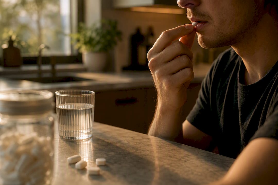 Hand placing nicotine pouch with lozenges on table