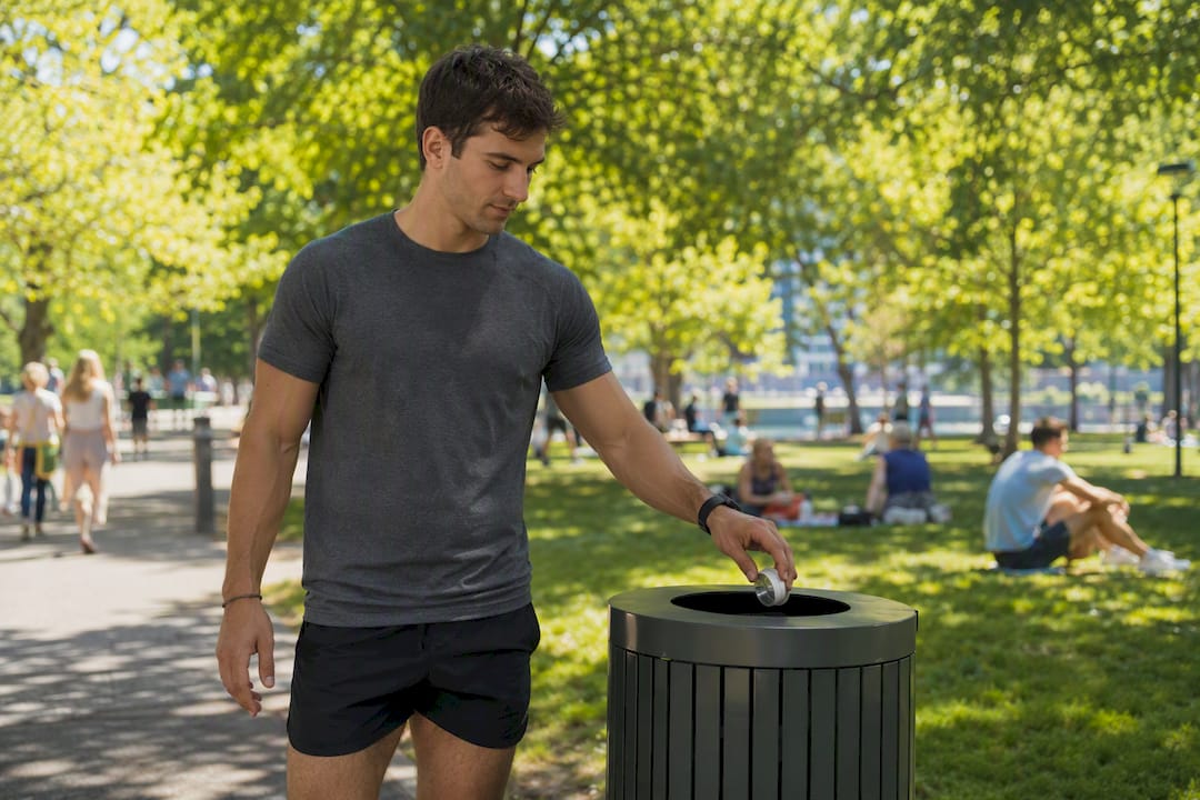 Hand placing nicotine pouch tin into recycling bin