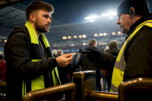 Fan showing pouch at stadium turnstile