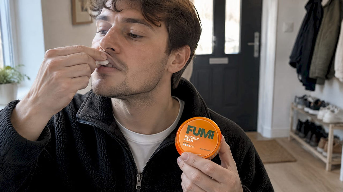 Adult placing a nicotine pouch under upper lip