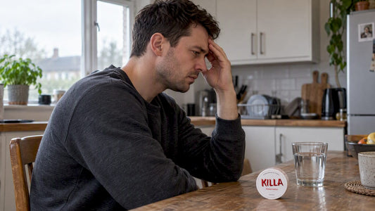 Adult experiencing headache beside nicotine pouch tin