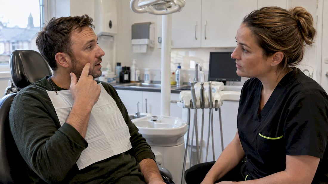 Pouch user discussing use with dentist