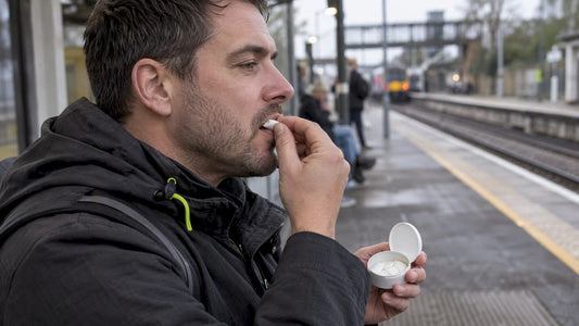 Adult using a nicotine pouch at a station