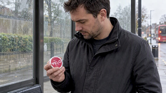 Adult examining a VELO Ruby Berry pouch tin