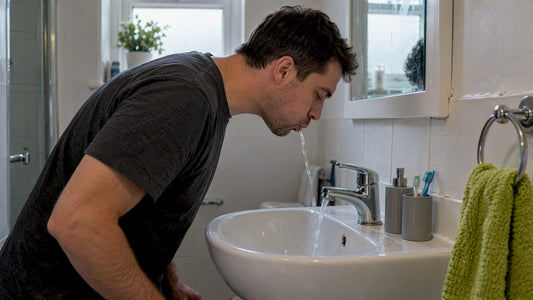 Adult rinsing mouth at bathroom sink