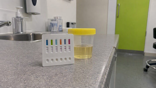 Urine screening card beside sample cup
