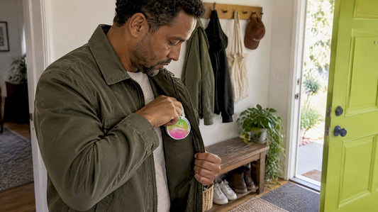 Man pockets an XQS pouch tin at home