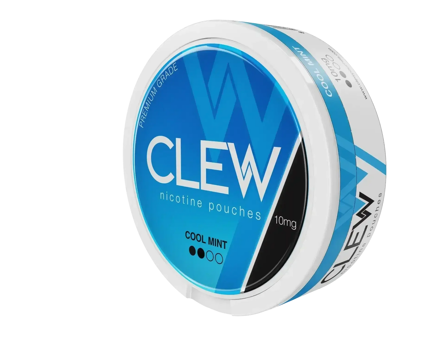 Round blue container with labelled "CLEW COOL MINT, Nicotine Pouches" flavour and "10mg" strength.