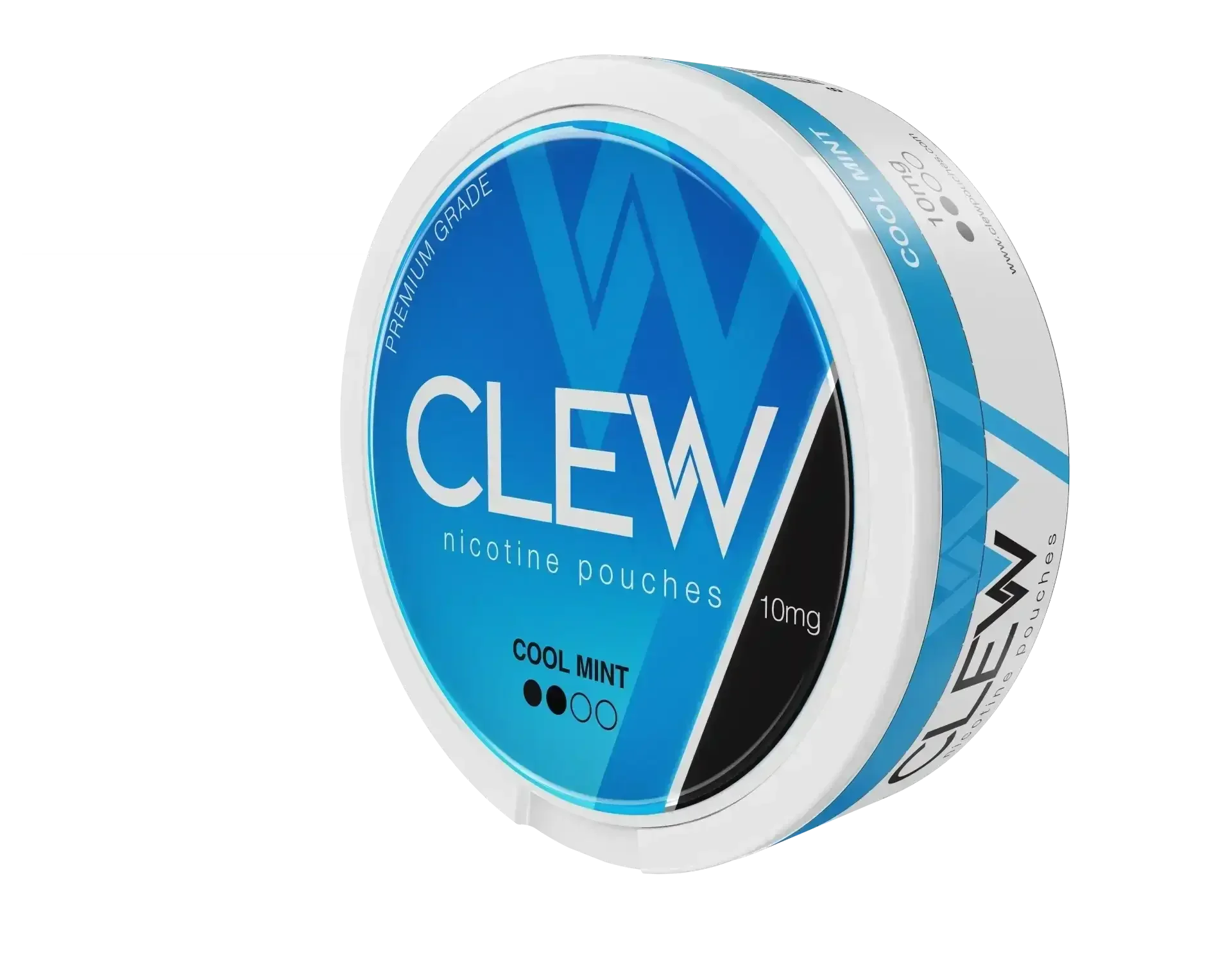 Round blue container with labelled CLEW COOL MINT, Nicotine Pouches flavour and 10mg strength.
