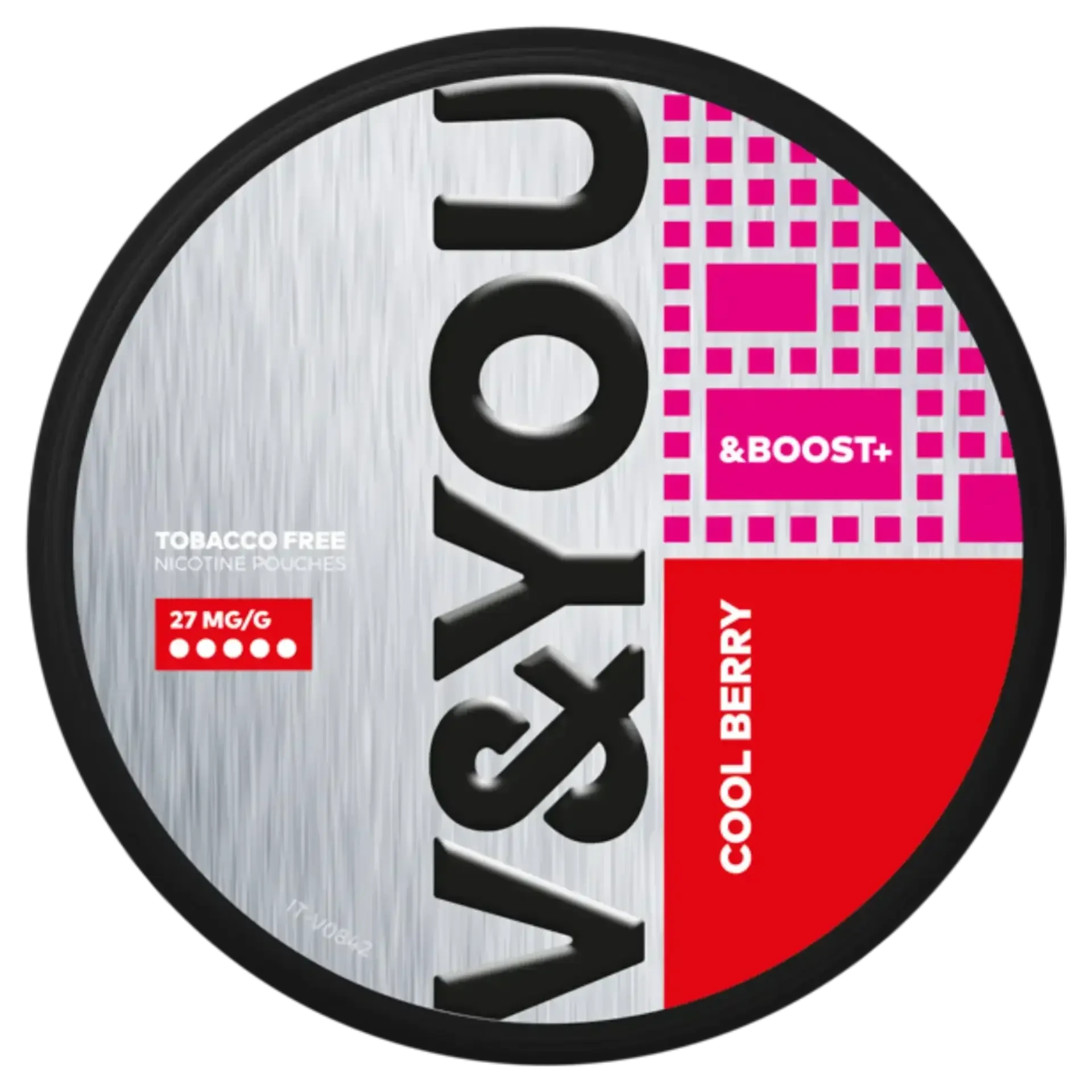 V&You Cool Berry & Boost nicotine pouch, 27 mg/g, tobacco-free.
