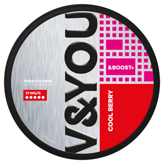 V&You Cool Berry & Boost nicotine pouch, 27 mg/g, tobacco-free.