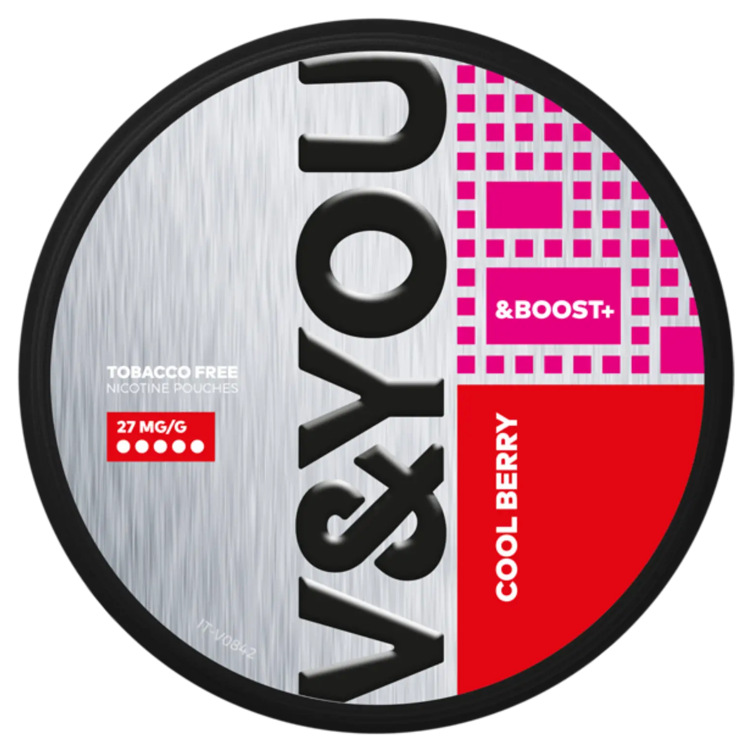 V&You Cool Berry & Boost nicotine pouch, 27 mg/g, tobacco-free.