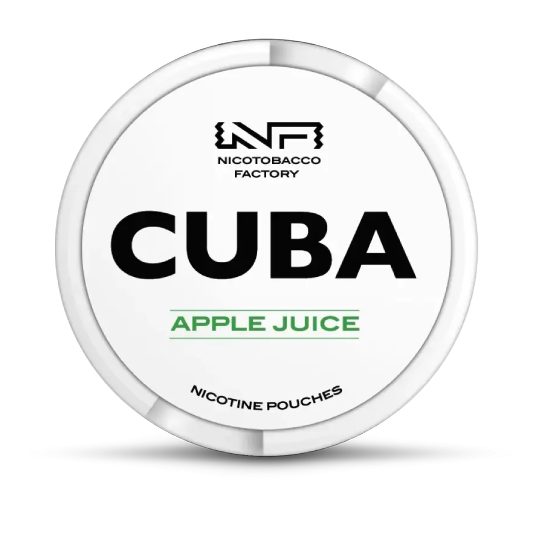 CUBA Apple Juice nicotine pouches can, front view on white