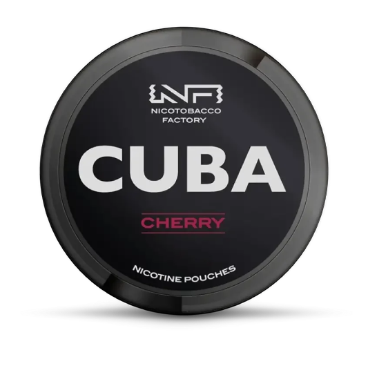 Cuba Nicotine Pouches Cherry flavour by Nicotobacco Factory in a black round container.