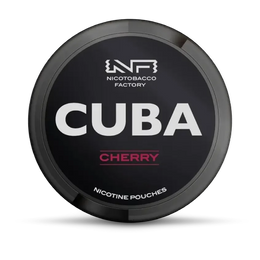 Cuba Nicotine Pouches Cherry flavour by Nicotobacco Factory in a black round container.