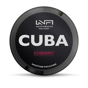 Cuba Nicotine Pouches Cherry flavour by Nicotobacco Factory in a black round container.