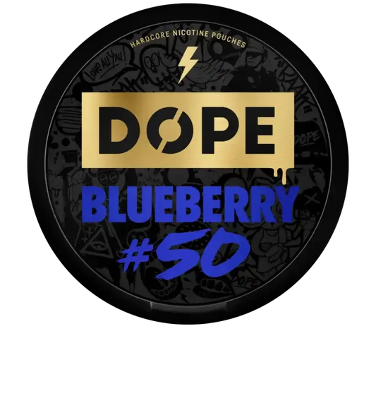 DOPE 50 Blueberry nicotine pouches can, front view