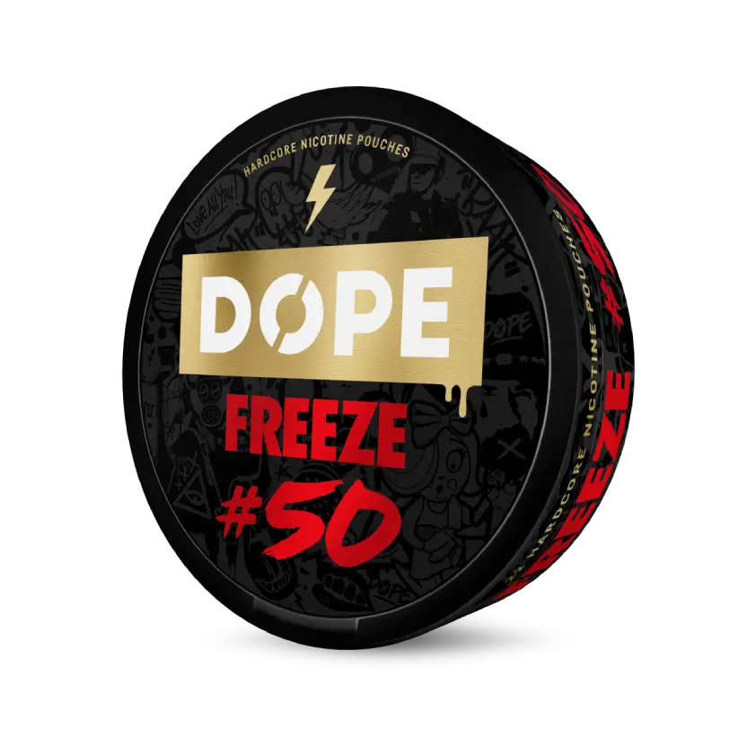 Round black tin of nicotine pouches labeled DOPE with a gold background, featuring FREEZE #50 in red text below.