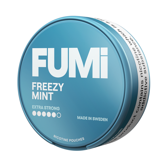 Blue packaging of FUMi Freezy Mint nicotine pouches on a white background