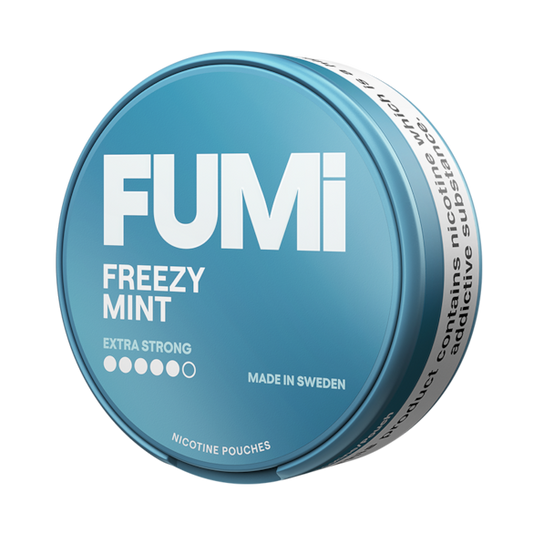 Blue container of FUMi Freezy Mint nicotine pouches on a white background