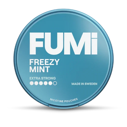 Blue container of FUMi Freezy Mint nicotine pouches on a white background