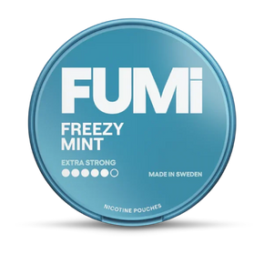 Blue container of FUMi Freezy Mint nicotine pouches on a white background