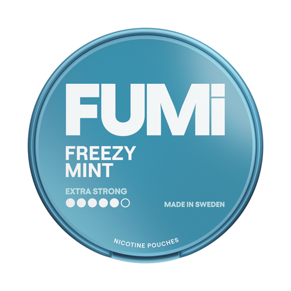 Blue container of FUMi Freezy Mint nicotine pouches on a white background