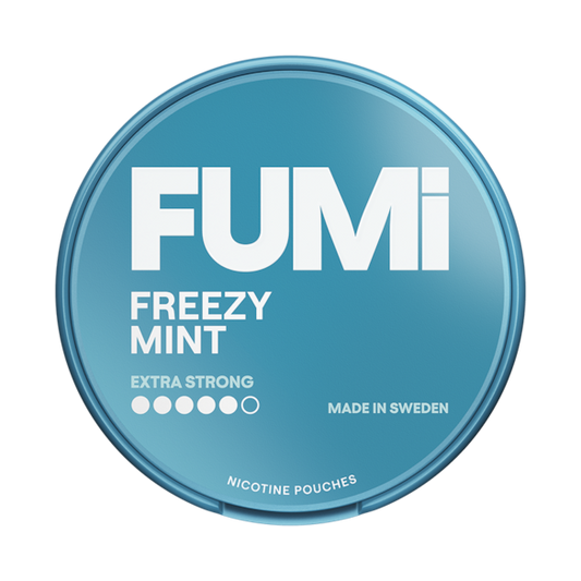 Blue container of FUMi Freezy Mint nicotine pouches on a white background