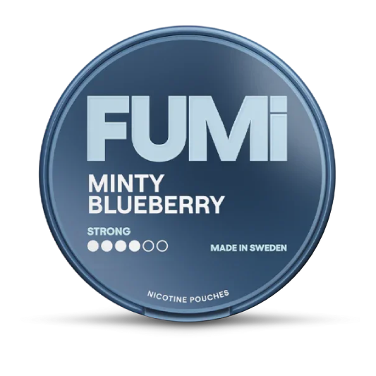 Fumi Minty Blueberry nicotine pouch container on a white background