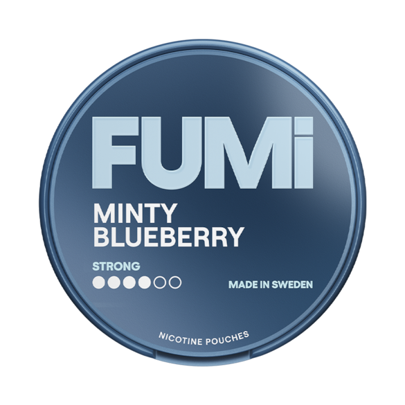 Fumi Minty Blueberry nicotine pouch container on a white background