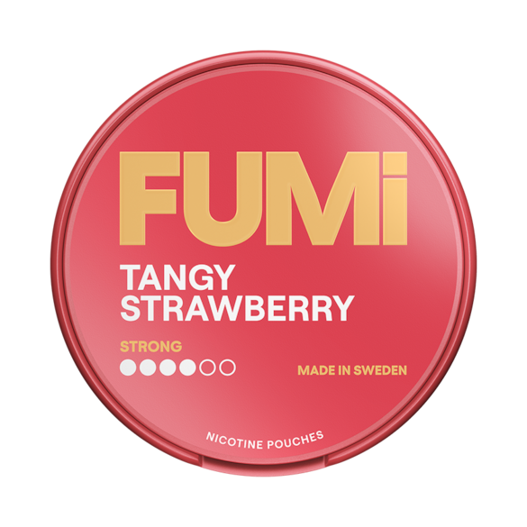 Red container of Fumi Tangy Strawberry nicotine pouches on a white background