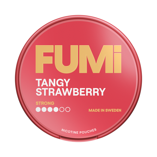 Red container of Fumi Tangy Strawberry nicotine pouches on a white background