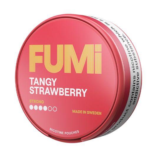 Red container of Fumi Tangy Strawberry nicotine pouches on a white background