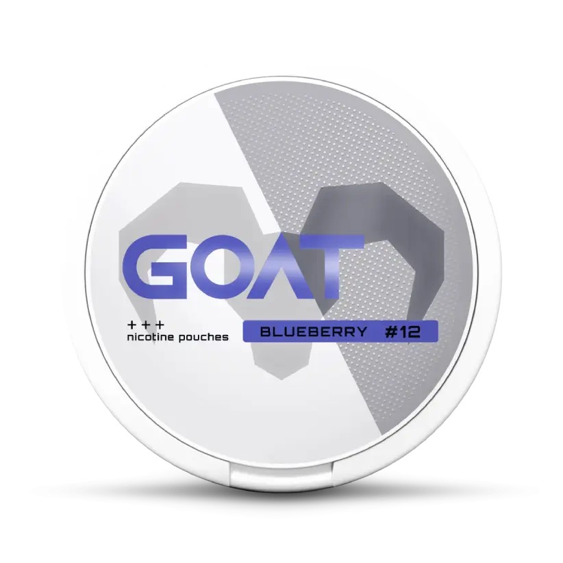 Round white container with the label "GOAT," featuring a geometric goat silhouette. Text reads: "nicotine pouches Blueberry #12.