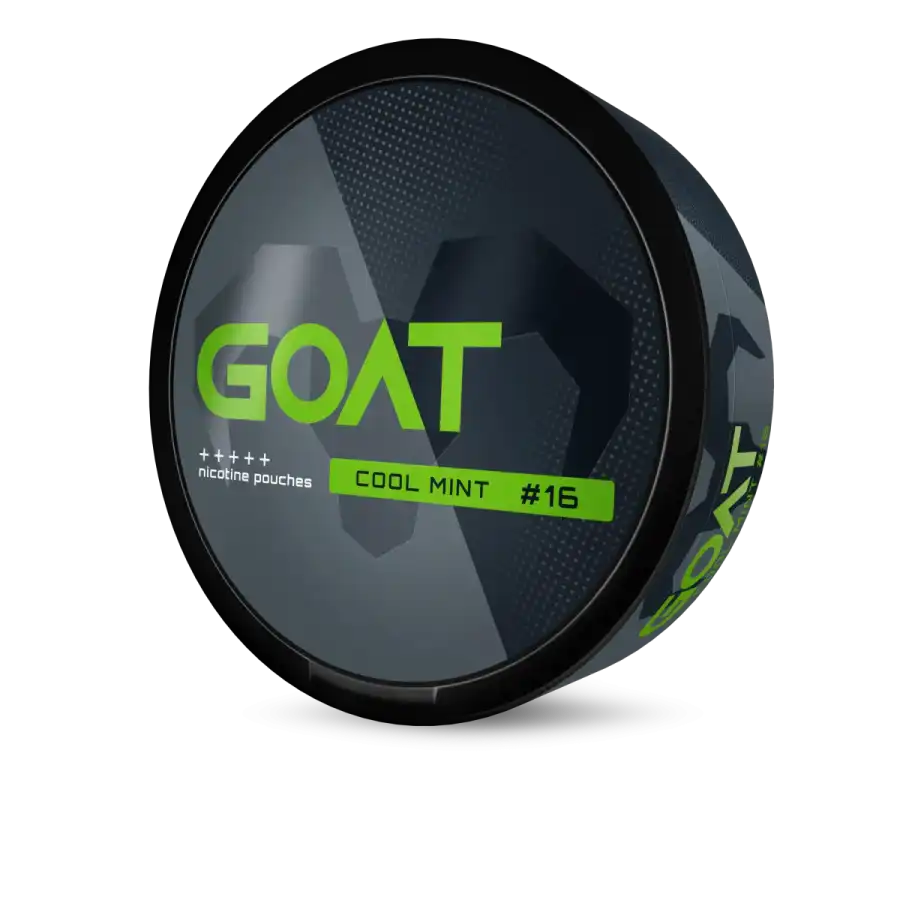 GOAT Cool Mint nicotine pouches can, right angle view with shadow