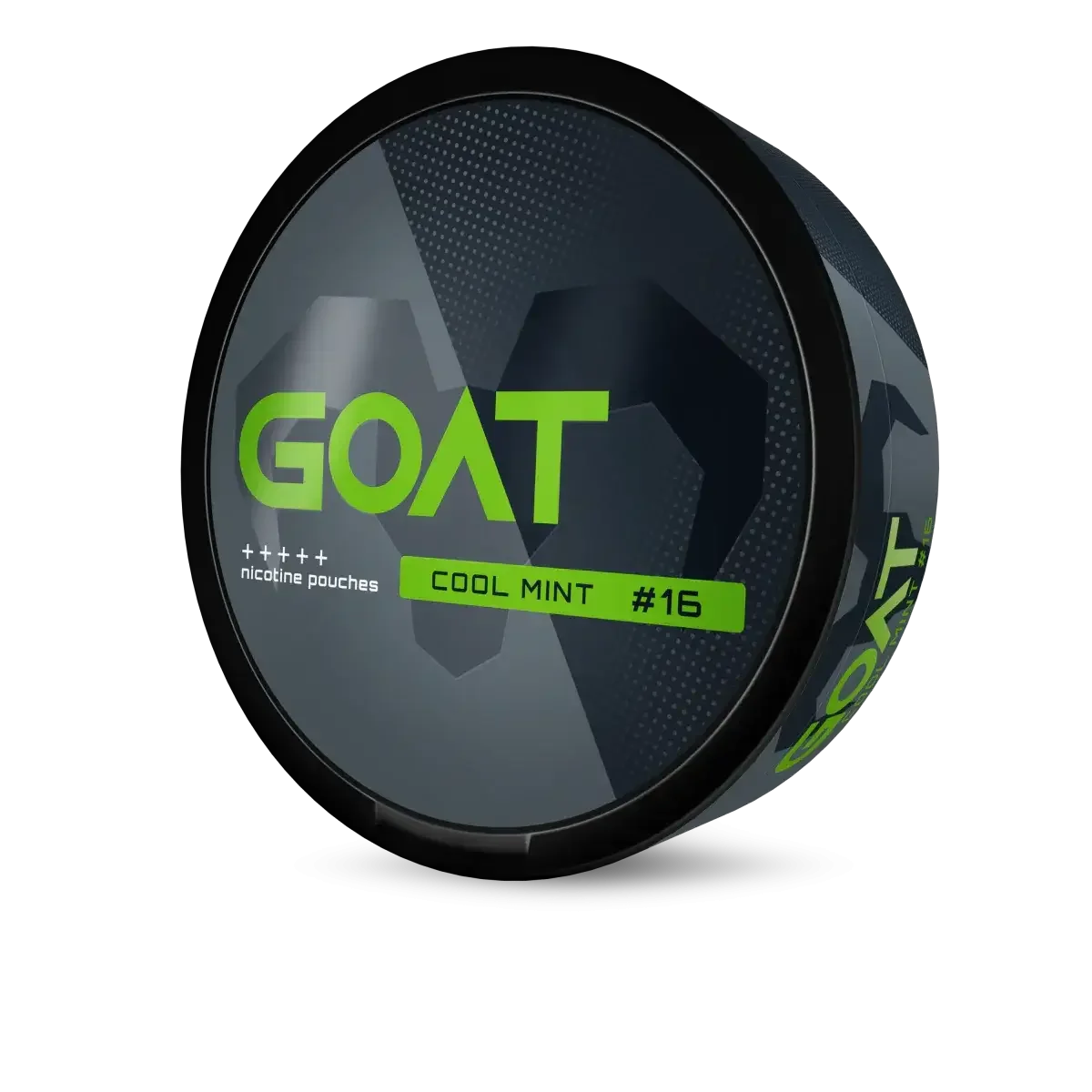 GOAT Cool Mint nicotine pouches can, right angle view with shadow
