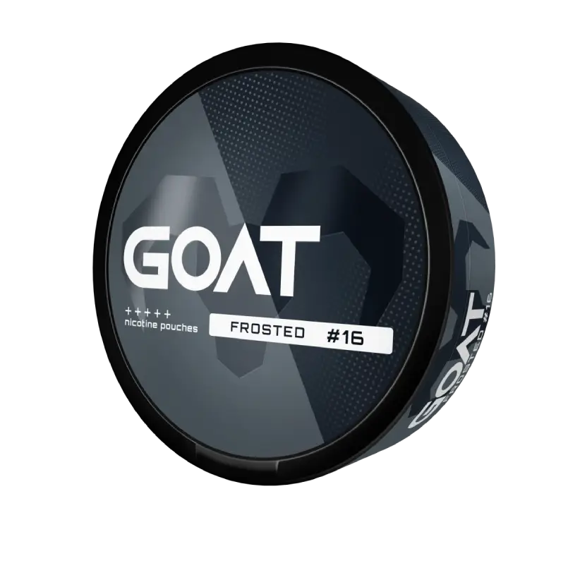 Round white container with the label GOAT, featuring a geometric goat silhouette. Text reads: nicotine pouches Frosted #16.