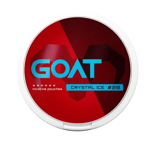 Round red and white container with the blue label GOAT, featuring a geometric goat silhouette. Text reads: nicotine pouches Crystal Ice #28”.