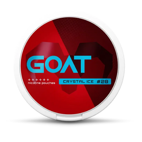 Round red and white container with the blue label "GOAT," featuring a geometric goat silhouette. Text reads: "nicotine pouches Crystal Ice #28”.