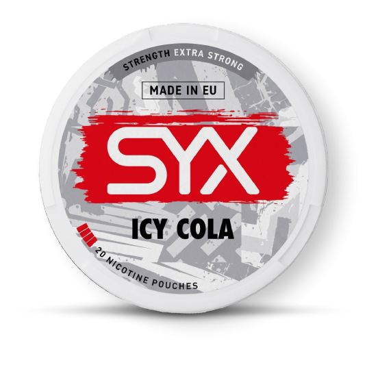 SYX Icy Cola nicotine pouch container on a white background