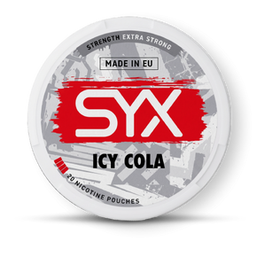 SYX Icy Cola nicotine pouch container on a white background