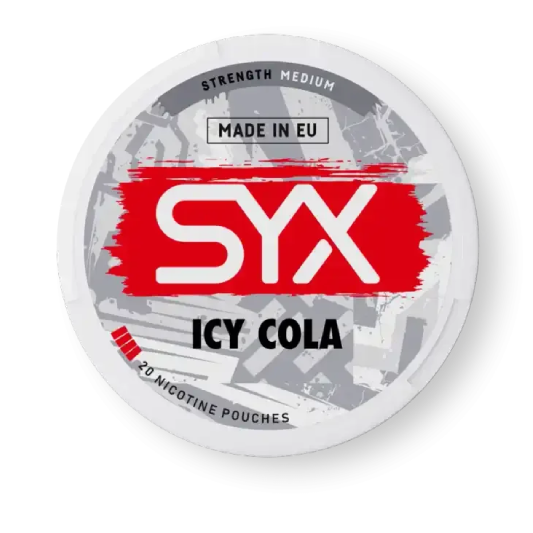 SYX Icy Cola nicotine pouch container on a white background
