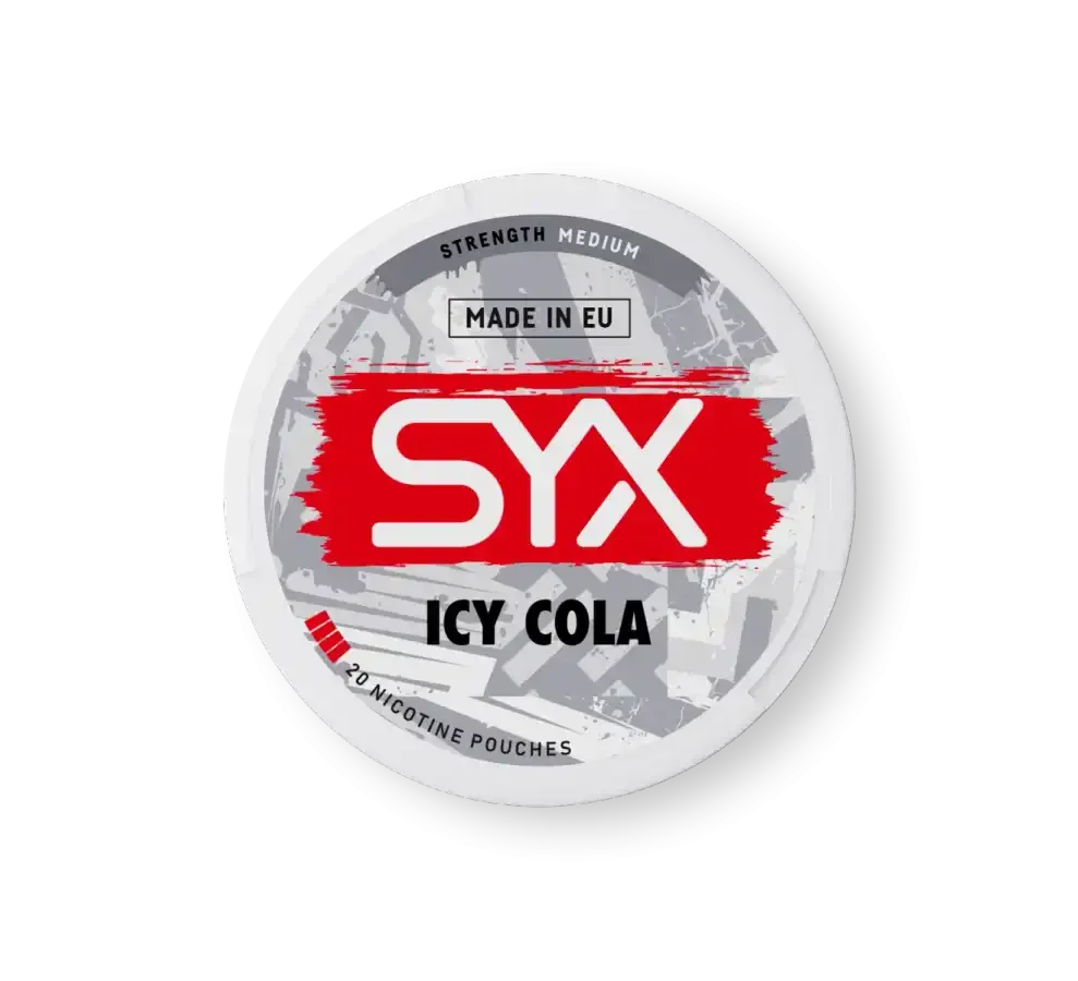 SYX Icy Cola nicotine pouch container on a white background