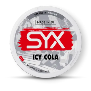 SYX Icy Cola nicotine pouch container on a white background