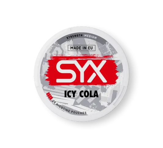 SYX Icy Cola nicotine pouch container on a white background