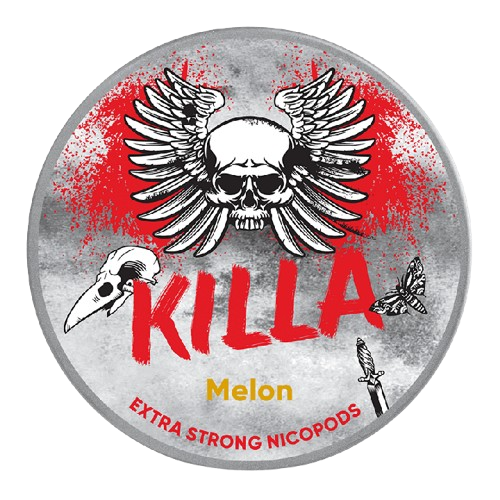 Circular product label with skull design and 'Killa' branding on a red and gray background.