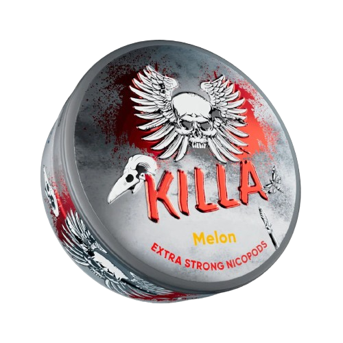 Circular product label with skull design and 'Killa' branding on a red and gray background.